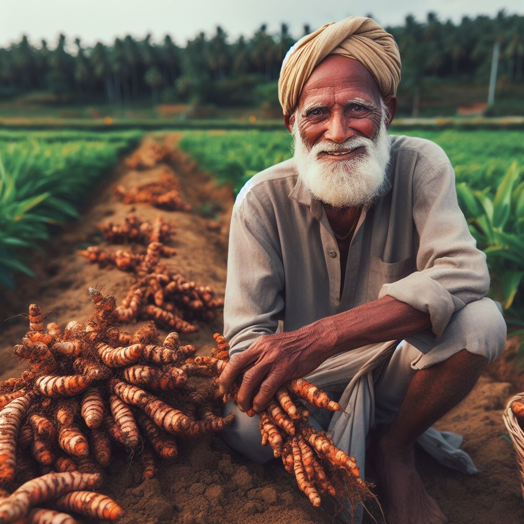 یک پیرمرد هندی در حال برداشت زردچوبه از مزرعه