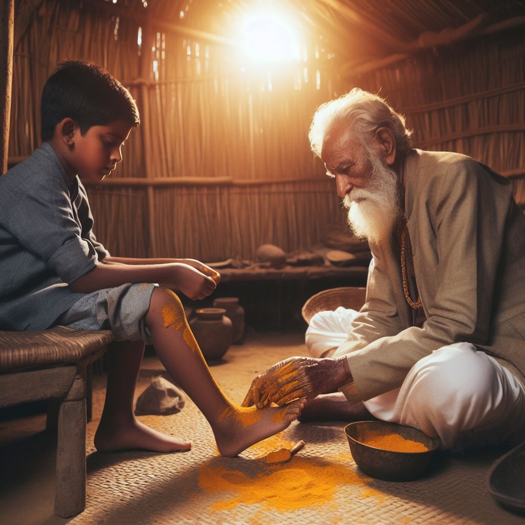 یک پیرمرد هندی در حال درمان درد پای یک پسر نوجوان با استفاده از خواص درمانی زردچوبه